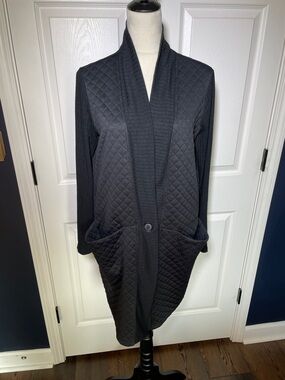 Joseph Ribkoff Black Quilted Long Cardigan Ribbed Sleeves & Trim Size 6